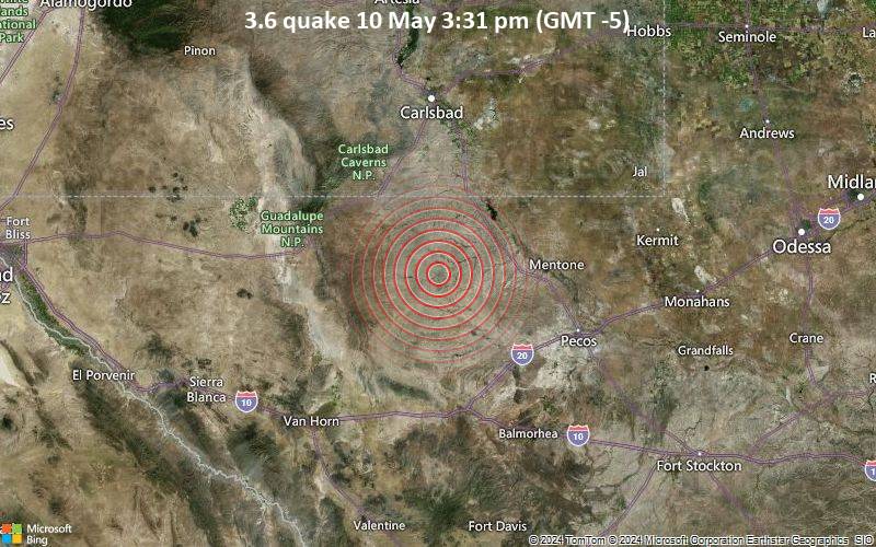 Leichtes Erdbeben der Stärke 3.6 - Culberson County, Texas, 83 km südlich von Carlsbad, Eddy County, New Mexico, USA, am Freitag, 10. Mai 2024, um 15:31 (Chicago Zeit)