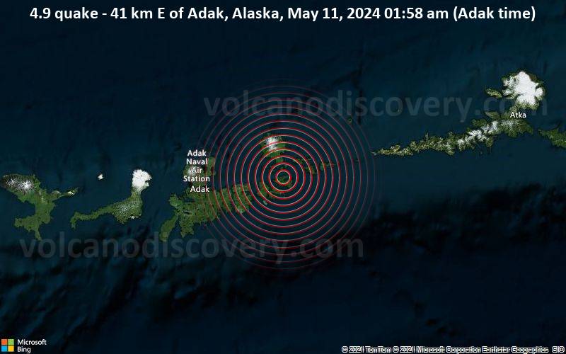 Leichtes Erdbeben der Stärke 4.9 - - 41 km E of Adak, Alaska, am Samstag, 11. Mai 2024, um 01:58 (Adak Zeit)