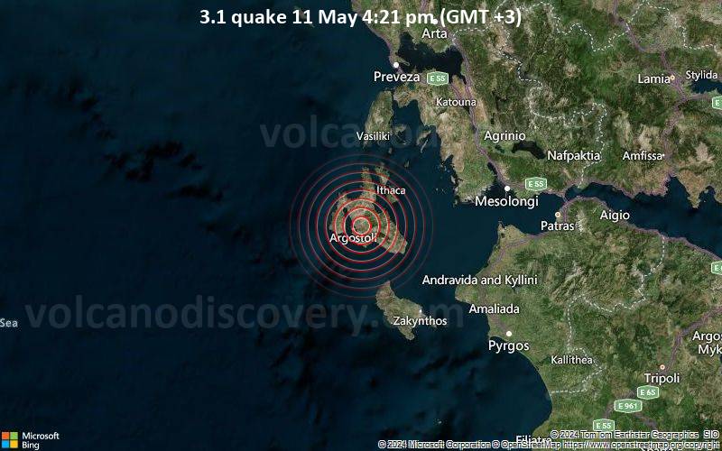 Leichtes Erdbeben der Stärke 3.1 - 4.3 km östlich von Argostoli, Kefallonia, Ionische Inseln, Griechenland, am Samstag, 11. Mai 2024, um 16:21 (Athens Zeit)