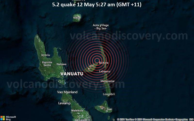 Moderates Erdbeben der Stärke 5.2 - Korallenmeer, 19 km westlich von Maewo , Penama, Vanuatu, am Sonntag, 12. Mai 2024, um 05:27 (Efate Zeit)