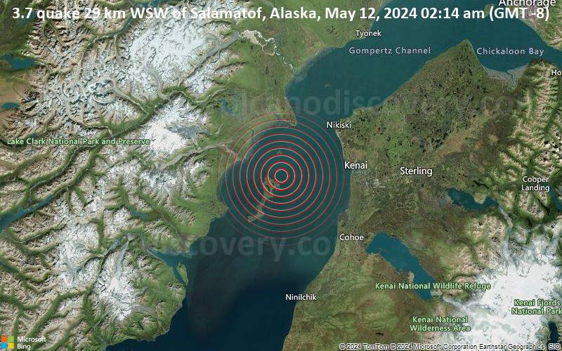 Schwaches Erdbeben Stärke 3.7 - 29 km WSW of Salamatof, Alaska, am Sonntag, 12. Mai 2024, um 02:14 (GMT -8)