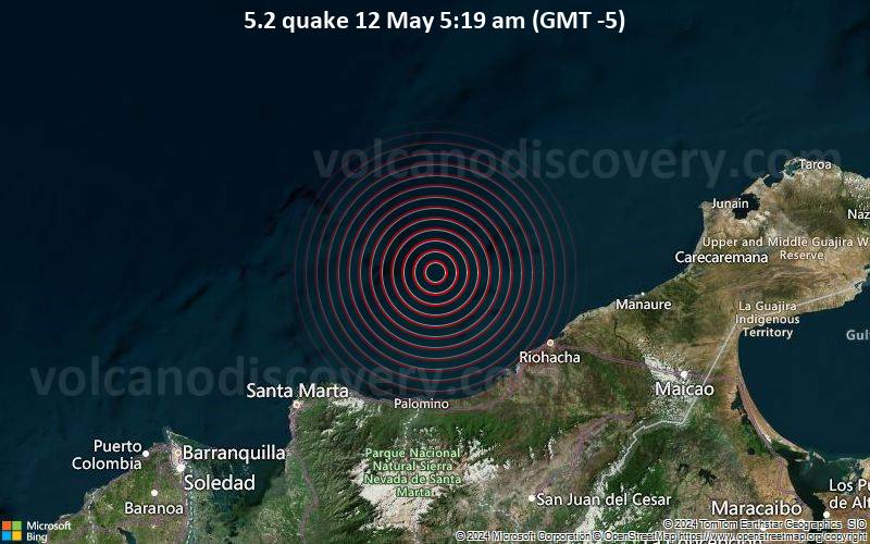 Starkes Beben der Stärke 5.2 - Caribbean Sea, 75 km nordwestlich von Riohacha, La Guajira, Kolumbien, am Sonntag, 12. Mai 2024, um 05:19 (GMT -5)