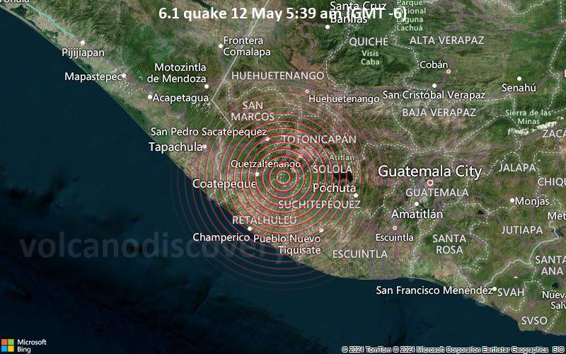 Starkes Beben der Stärke 6.1 - 22 km südwestlich von Quetzaltenango, Quetzaltenango, Guatemala, am Sonntag, 12. Mai 2024, um 05:39 (Guatemala Zeit)
