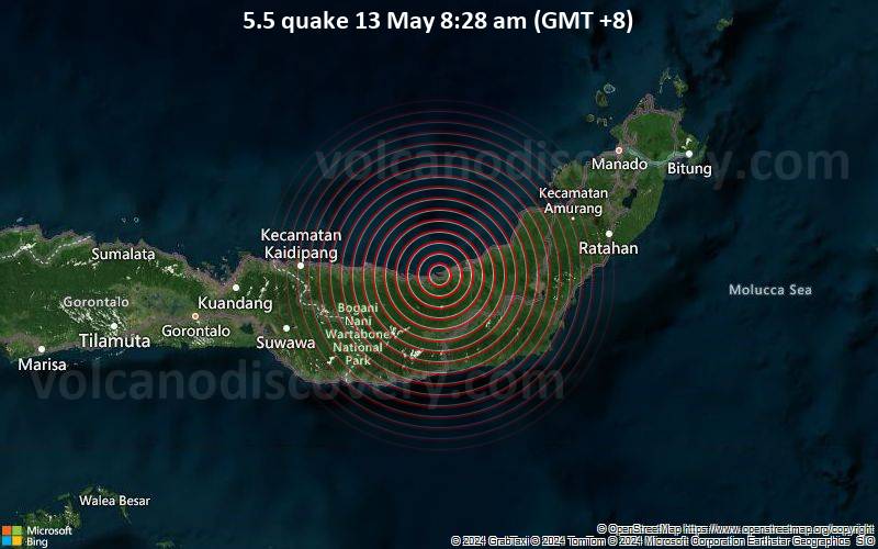 Moderates Erdbeben der Stärke 5.5 - Celebes Sea, 123 km südwestlich von Manado, Sulawesi Utara, Indonesien, am Montag, 13. Mai 2024, um 08:28 (Makassar Zeit)