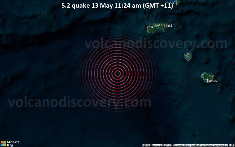 Starkes Beben der Stärke 5.2 - 115 km SW of Lata, Solomon Islands, am Montag, 13. Mai 2024, um 11:24 (GMT +11)