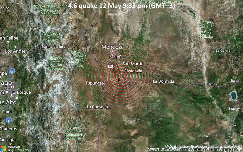 Leichtes Erdbeben der Stärke 4.6 - Rivadavia, 44 km südlich von Mendoza, Guaymallén, Mendoza, Argentinien, am Sonntag, 12. Mai 2024, um 21:33 (Mendoza Zeit)