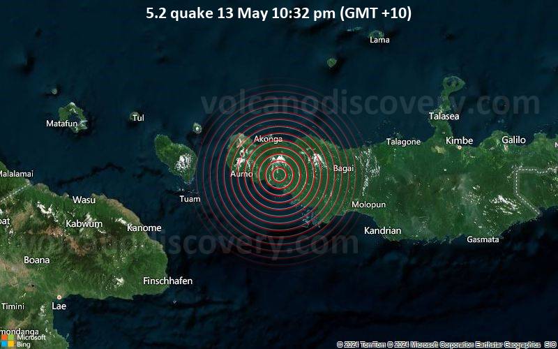 Moderates Erdbeben der Stärke 5.2 - West New Britain, 219 km nordöstlich von Lae, Morobe, Papua-Neuguinea, am Montag, 13. Mai 2024, um 22:32 (Port Moresby Zeit)