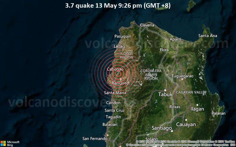 Leichtes Erdbeben der Stärke 3.7 - Abra, Cordillera, 23 km nordöstlich von Vigan City, Philippinen, am Montag, 13. Mai 2024, um 21:26 (Manila Zeit)