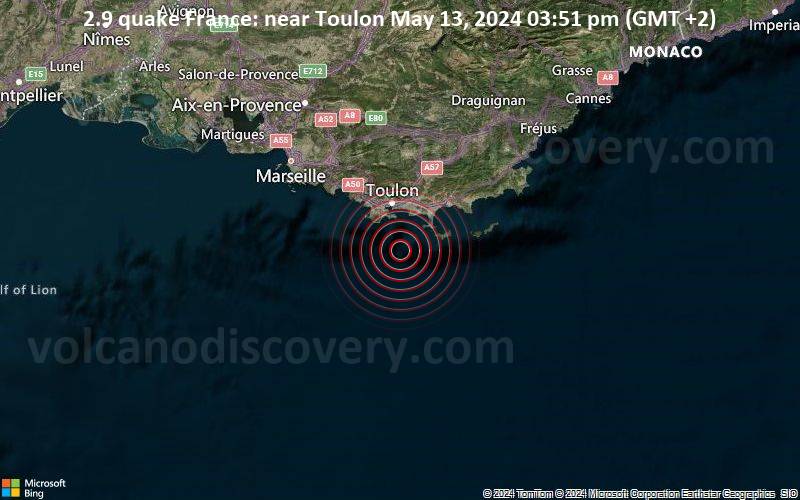 Leichtes Erdbeben der Stärke 2.9 - France: near Toulon am Montag, 13. Mai 2024, um 15:51 (GMT +2)