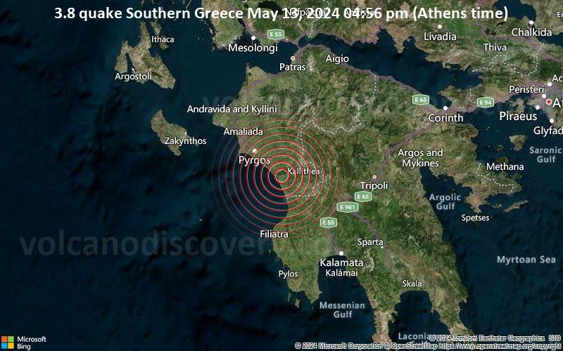 Leichtes Erdbeben der Stärke 3.8 - Southern Greece am Montag, 13. Mai 2024, um 16:56 (Athens Zeit)