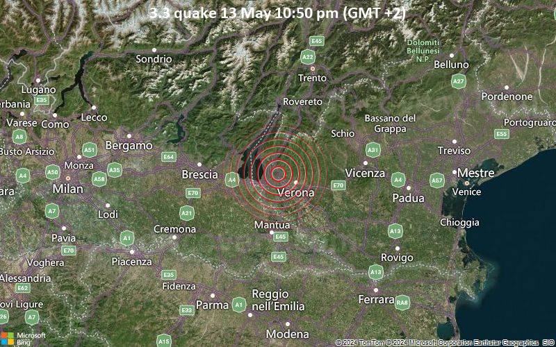 Schwaches Erdbeben Stärke 3.3 - 13 km nordwestlich von Verona, Verona, Venetien, Italien, am Montag, 13. Mai 2024, um 22:50 (Rome Zeit)
