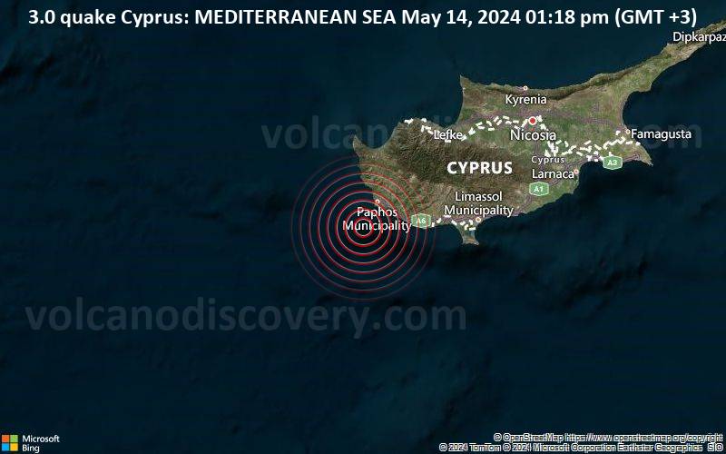 3.0 quake Cyprus: MEDITERRANEAN SEA May 14, 2024 01:18 pm (GMT +3)