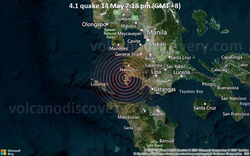 Leichtes Erdbeben der Stärke 4.1 - South China Sea, 12 km westlich von Balayan, Batangas, Calabarzon, Philippinen, am Dienstag, 14. Mai 2024, um 19:18 (Manila Zeit)