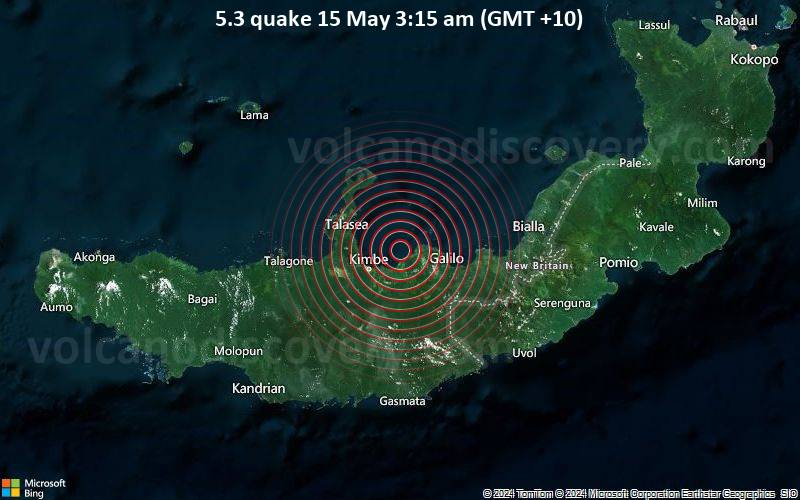 Moderates Erdbeben der Stärke 5.3 - 23 km nordöstlich von Kimbe, West New Britain, Papua-Neuguinea, am Mittwoch, 15. Mai 2024, um 03:15 (GMT +10)