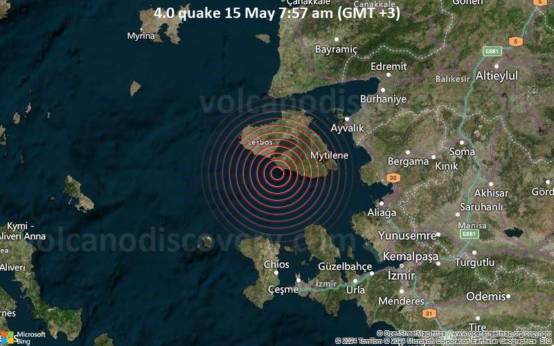Moderates Erdbeben der Stärke 4.0 - Ägäisches Meer, 27 km südwestlich von Lesvos , Griechenland, am Mittwoch, 15. Mai 2024, um 07:57 (Athens Zeit)