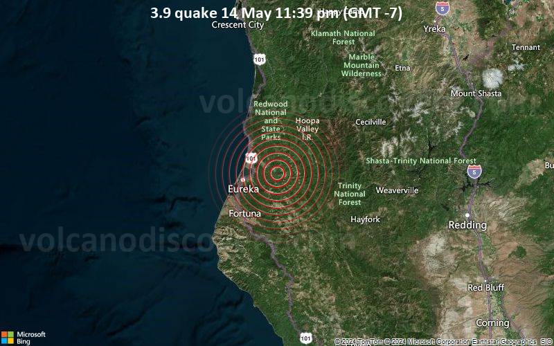 Leichtes Erdbeben der Stärke 3.9 - 10 km SE of Blue Lake, CA, am Dienstag, 14. Mai 2024, um 23:39 (Los Angeles Zeit)