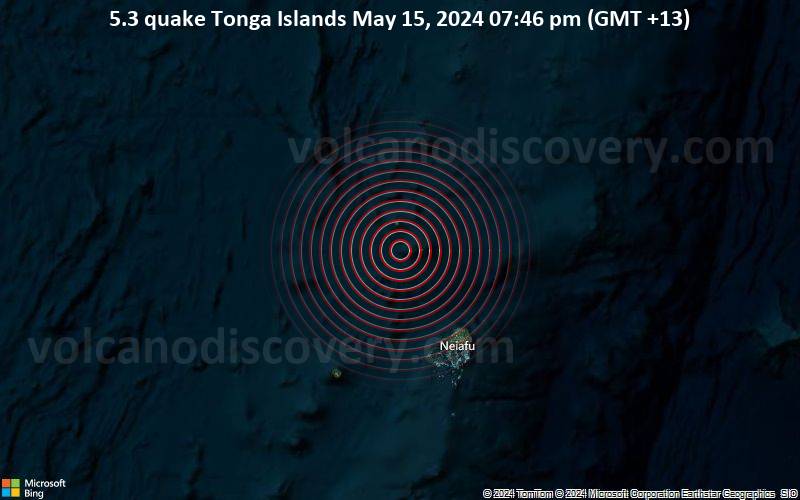 Starkes Beben der Stärke 5.3 - Tonga Islands am Mittwoch, 15. Mai 2024, um 19:46 (GMT +13)
