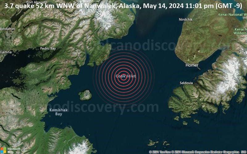 Leichtes Erdbeben der Stärke 3.7 - 52 km WNW of Nanwalek, Alaska, am Dienstag, 14. Mai 2024, um 23:01 (GMT -9)