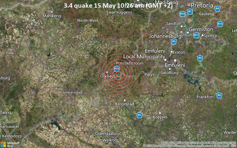 Leichtes Erdbeben der Stärke 3.4 - 13 km südöstlich von Stilfontein, North West, Südafrika, am Mittwoch, 15. Mai 2024, um 10:26 (Johannesburg Zeit)