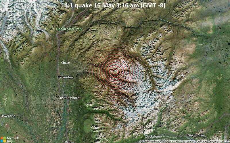 Moderates Erdbeben der Stärke 4.1 - 42 km ENE of Susitna North, Alaska, am Mittwoch, 15. Mai 2024, um 03:16 (Anchorage Zeit)