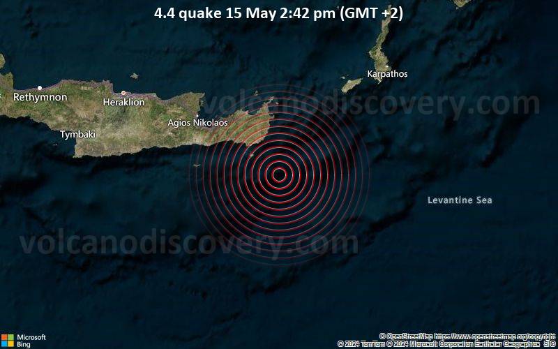 Moderates Erdbeben der Stärke 4.4 - 50 km südöstlich von Sitia, Lasithi, Kreta, Griechenland, am Mittwoch, 15. Mai 2024, um 14:42 (GMT +2)