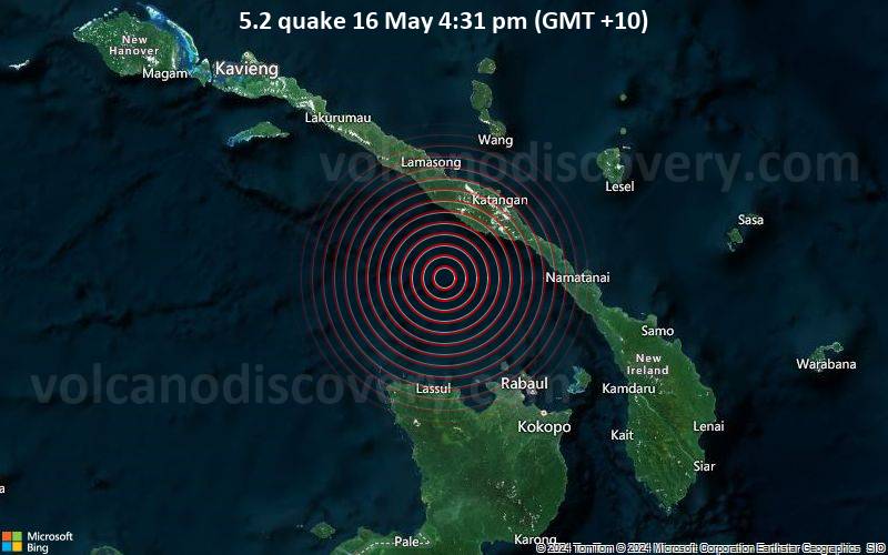 Starkes Beben der Stärke 5.2 - New Ireland Region, Papua New Guinea, am Donnerstag, 16. Mai 2024, um 16:31 (GMT +10)