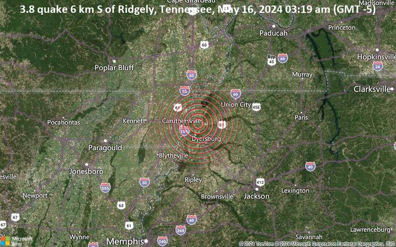 Leichtes Erdbeben der Stärke 3.8 - 6 km S of Ridgely, Tennessee, am Donnerstag, 16. Mai 2024, um 03:19 (GMT -5)