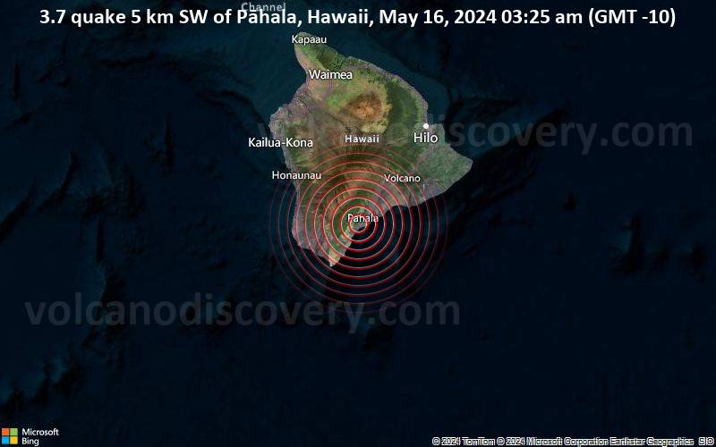 Leichtes Erdbeben der Stärke 3.7 - 5 km SW of Pāhala, Hawaii, am Donnerstag, 16. Mai 2024, um 03:25 (GMT -10)