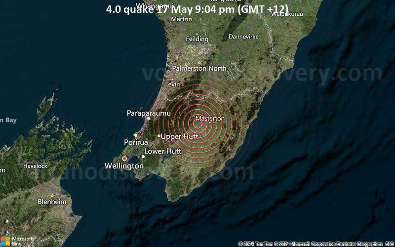 Moderates Erdbeben der Stärke 4.0 - 7.8 km westlich von Masterton, Wellington, Neuseeland, am Freitag, 17. Mai 2024, um 21:04 (Auckland Zeit)