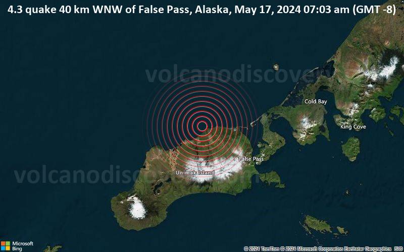 Moderates Erdbeben der Stärke 4.3 - 40 km WNW of False Pass, Alaska, am Freitag, 17. Mai 2024, um 07:03 (GMT -8)