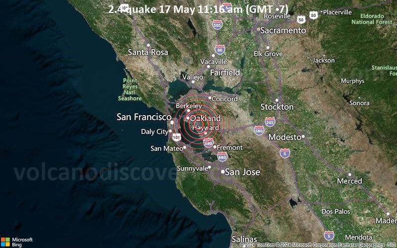 Schwaches Erdbeben Stärke 2.4 - 3 km N of San Leandro, CA, am Freitag, 17. Mai 2024, um 11:16 (Los Angeles Zeit)