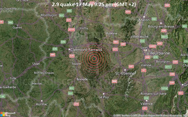 Schwaches Erdbeben Stärke 2.9 - France: near Cournon-d'Auvergne am Freitag, 17. Mai 2024, um 21:25 (Paris Zeit)