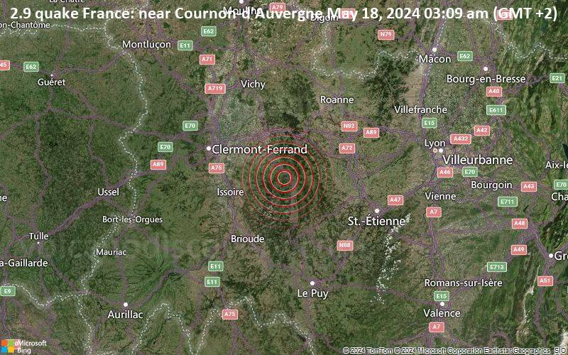 Schwaches Erdbeben Stärke 2.9 - France: near Cournon-d'Auvergne am Samstag, 18. Mai 2024, um 03:09 (GMT +2)