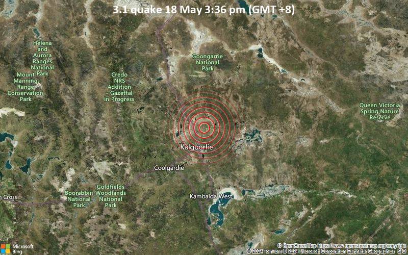 Leichtes Erdbeben der Stärke 3.1 - 19 km nördlich von Kalgoorlie-Boulder, Kalgoorlie/Boulder, Westaustralien, Australien, am Samstag, 18. Mai 2024, um 07:36 (GMT +0)