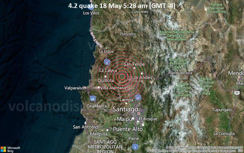 Moderates Erdbeben der Stärke 4.2 - San Felipe de Aconcagua, 28 km östlich von Quillota, Quillota, Valparaiso, Chile, am Samstag, 18. Mai 2024, um 05:28 (Santiago Zeit)