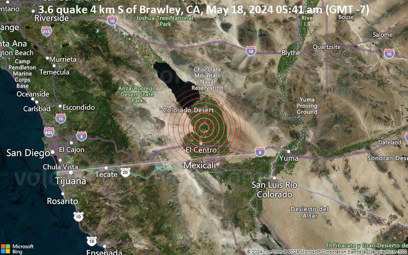 Leichtes Erdbeben der Stärke 3.6 - 4 km S of Brawley, CA, am Samstag, 18. Mai 2024, um 05:41 (GMT -7)