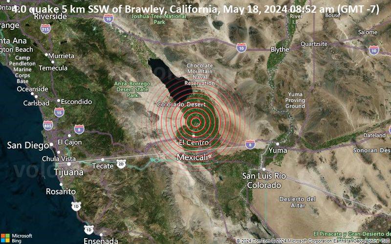 Moderates Erdbeben der Stärke 4.0 - 5 km SSW of Brawley, California, am Samstag, 18. Mai 2024, um 08:52 (GMT -7)