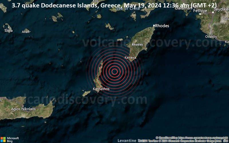 3.7 quake Dodecanese Islands, Greece, May 19, 2024 12:36 am (GMT +2)