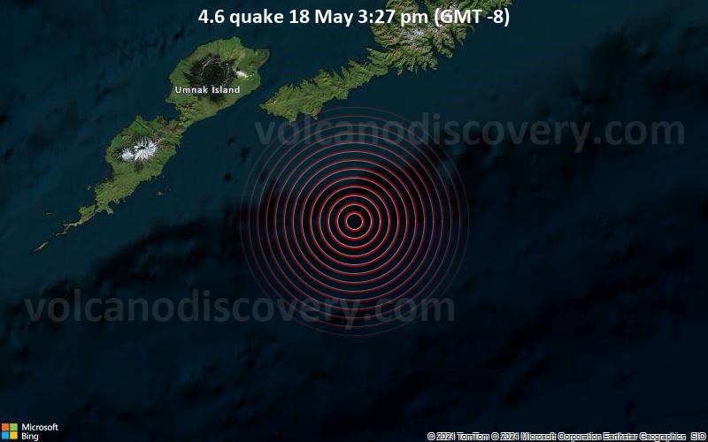 Moderates Erdbeben der Stärke 4.6 - 121 km südwestlich von Unalaska, Aleutians West, Alaska, USA, am Samstag, 18. Mai 2024, um 15:27 (GMT -8)