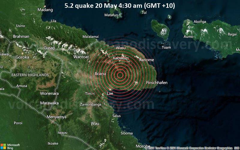 Starkes Beben der Stärke 5.2 - Papua New Guinea Region am Montag, 20. Mai 2024, um 04:30 (Port Moresby Zeit)