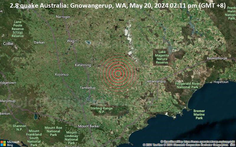 Schwaches Erdbeben Stärke 2.8 - Australia: Gnowangerup, WA, am Montag, 20. Mai 2024, um 14:11 (GMT +8)