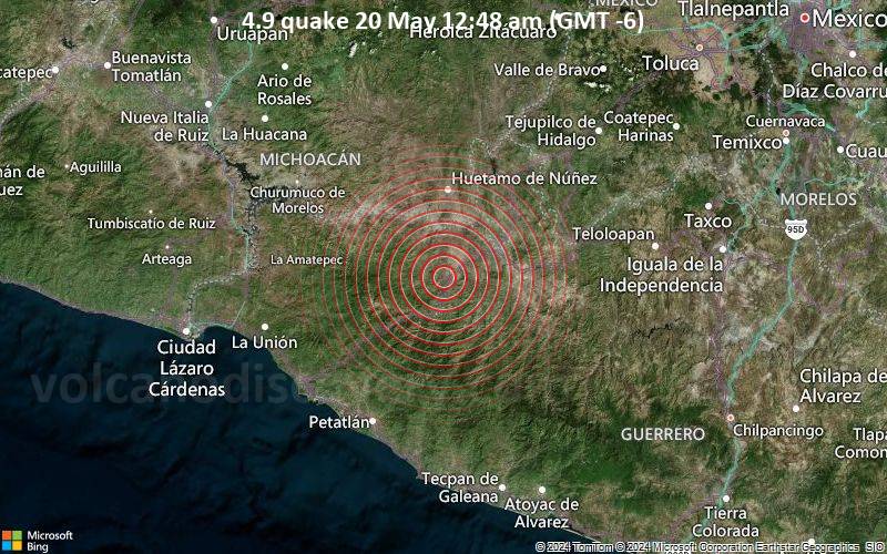 Moderates Erdbeben der Stärke 4.9 - 31 km südwestlich von Ciudad Altamirano, Guerrero, Mexiko, am Montag, 20. Mai 2024, um 00:48 (Mexico City Zeit)
