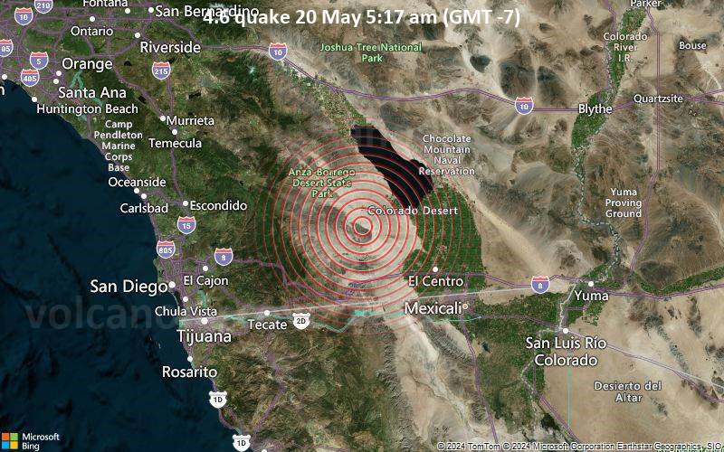 Moderates Erdbeben der Stärke 4.6 - 49 km nordwestlich von El Centro, Imperial County, Kalifornien, USA, am Montag, 20. Mai 2024, um 05:17 (Los Angeles Zeit)