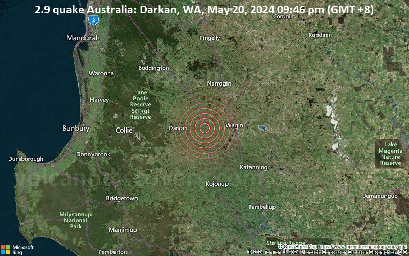 Schwaches Erdbeben Stärke 2.9 - Australia: Darkan, WA, am Montag, 20. Mai 2024, um 21:46 (GMT +8)