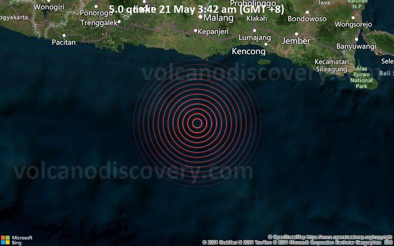 Starkes Beben der Stärke 5.0 - Indischer Ozean, 112 km südwestlich von Nusa Barung , Jawa Timur, Indonesien, am Dienstag, 21. Mai 2024, um 03:42 (GMT +8)