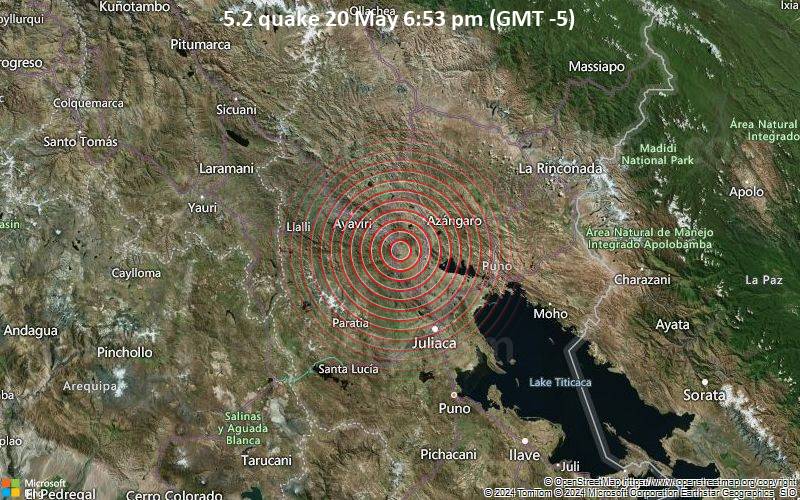 Starkes Beben der Stärke 5.2 - Southern Peru am Montag, 20. Mai 2024, um 18:53 (GMT -5)
