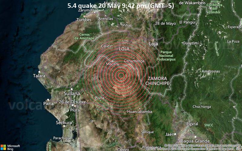 Starkes Beben der Stärke 5.4 - 65 km nordöstlich von Chulucanas, Piura, Peru, am Montag, 20. Mai 2024, um 21:42 (GMT -5)