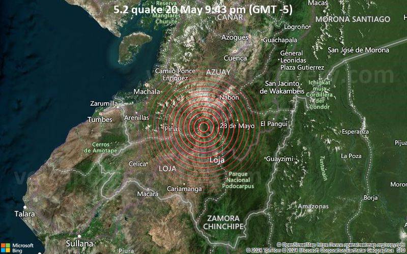 Starkes Beben der Stärke 5.2 - Near Coast of Ecuador am Montag, 20. Mai 2024, um 21:43 (GMT -5)
