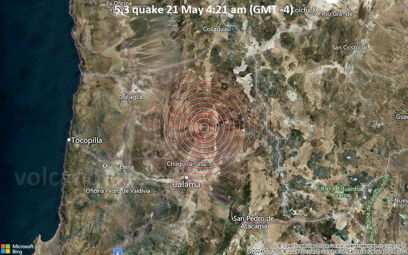 Starkes Beben der Stärke 5.3 - 58 km nördlich von Calama, El Loa, Antofagasta, Chile, am Dienstag, 21. Mai 2024, um 04:21 (GMT -4)