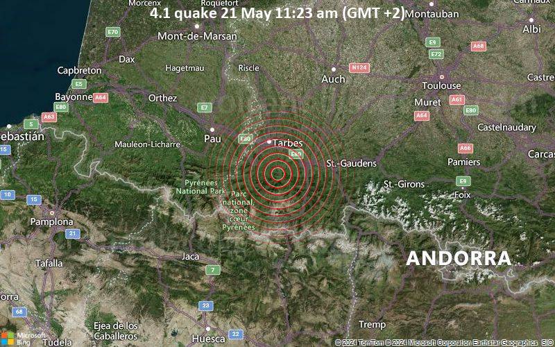 Moderates Erdbeben der Stärke 4.1 - 21 km südlich von Tarbes, Hautes-Pyrenees, Occitanie, Frankreich, am Dienstag, 21. Mai 2024, um 11:23 (Paris Zeit)